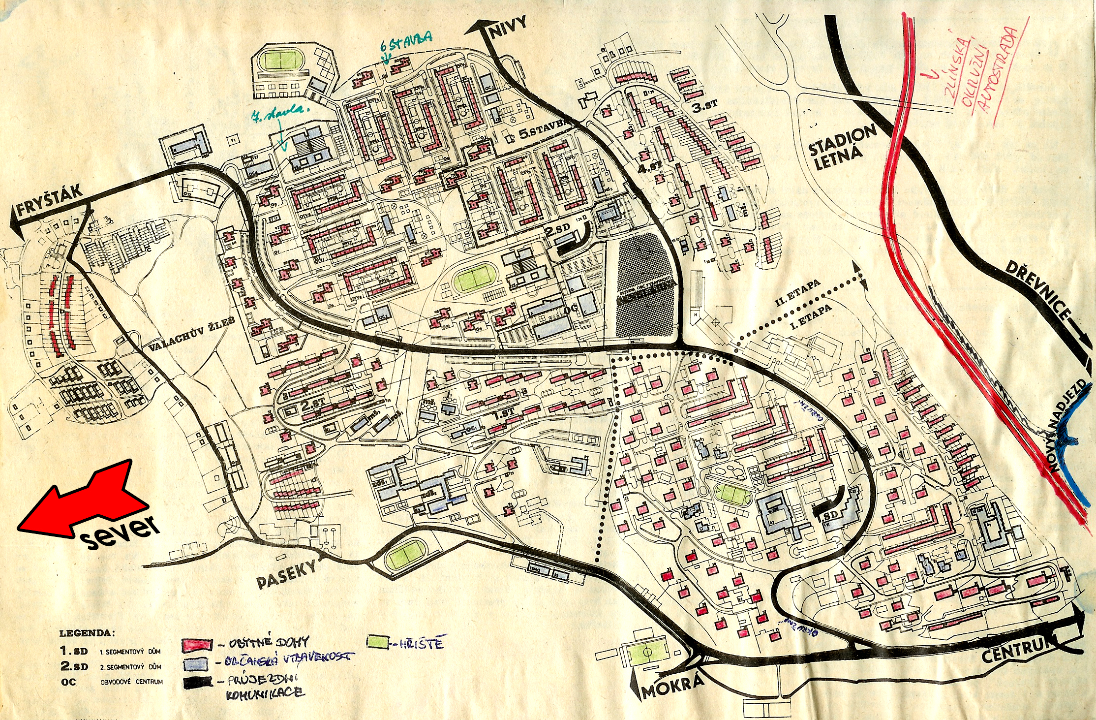 Jižní svahy - mapa sídliště s oběma etapami výstavby
