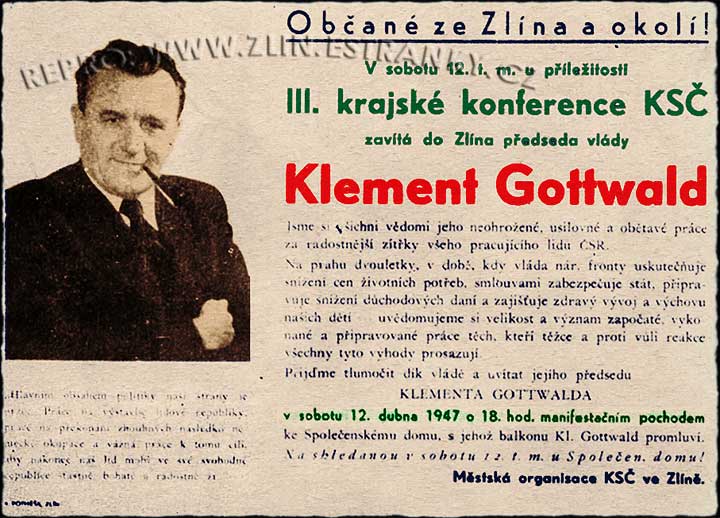 Pozvánka na projev Klementa Gottwalda v dubnu 1947